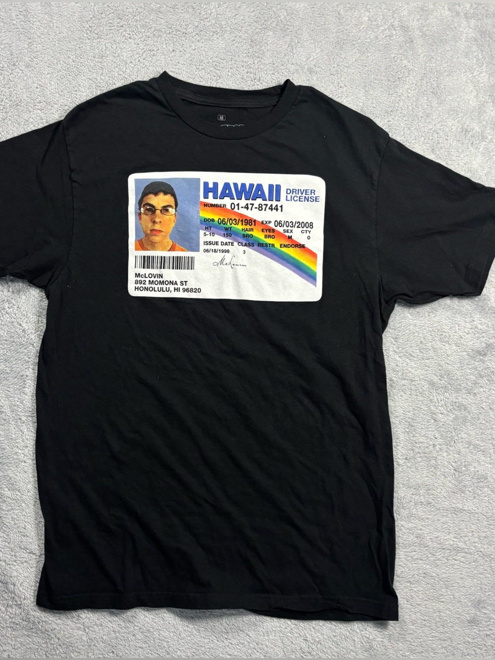 McLovin Graphic Tee with Rainbow Hawaii License Design